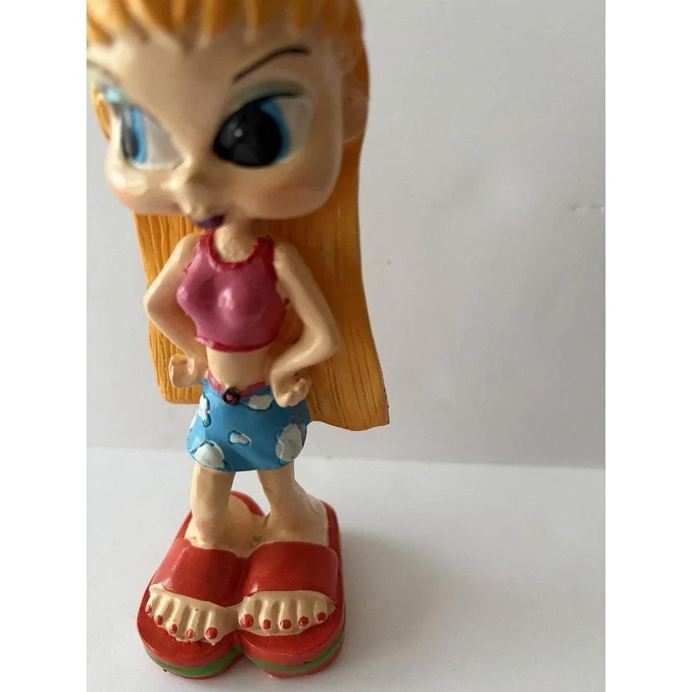 Resin Figurine Sassy Girl Big Eyes Pigtails Pink Top Blue Shorts Flip Flops 6in